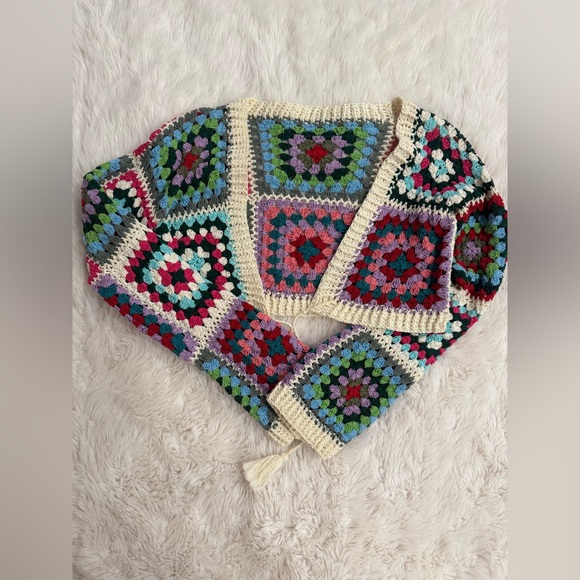 Handmade Sweaters - Handmade Multicolor Crochet Square Cardigan Sweater